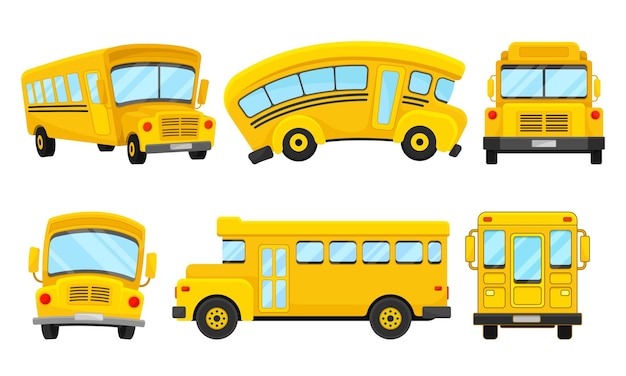 Bus scolaire jaune vu sous différents angles Ensemble vectoriel