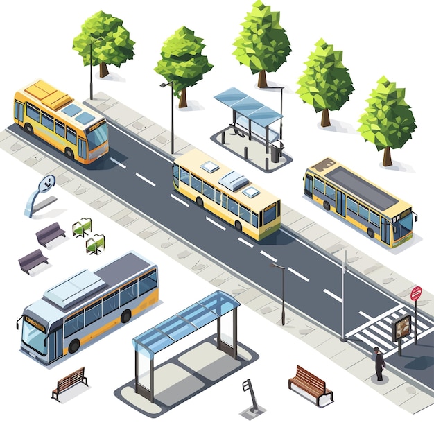 Vecteur bus_stop_et_two_way_road_isométrique_icon_set