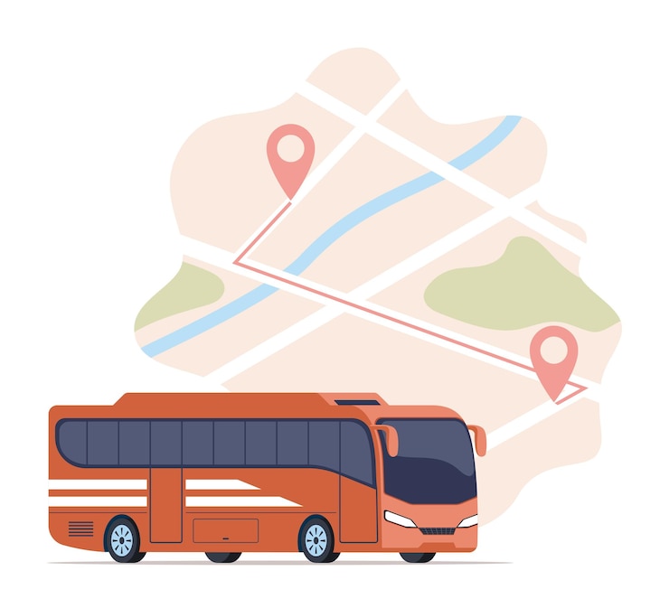 Vecteur bus touristique et carte avec système de marqueurs de localisation d'itinéraire de navigation routière