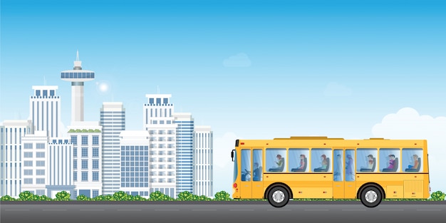 Vecteur bus de transport de la ville avec des passagers sur fond de cityview.