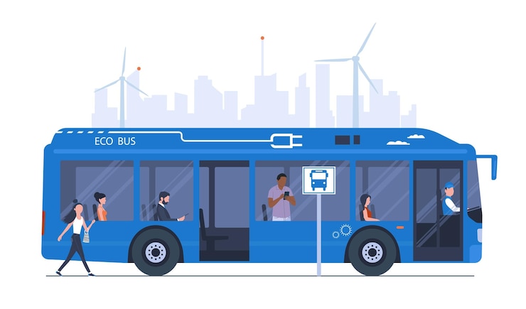 Vecteur bus urbain électrique avec passagers dans le contexte d'un paysage urbain abstrait