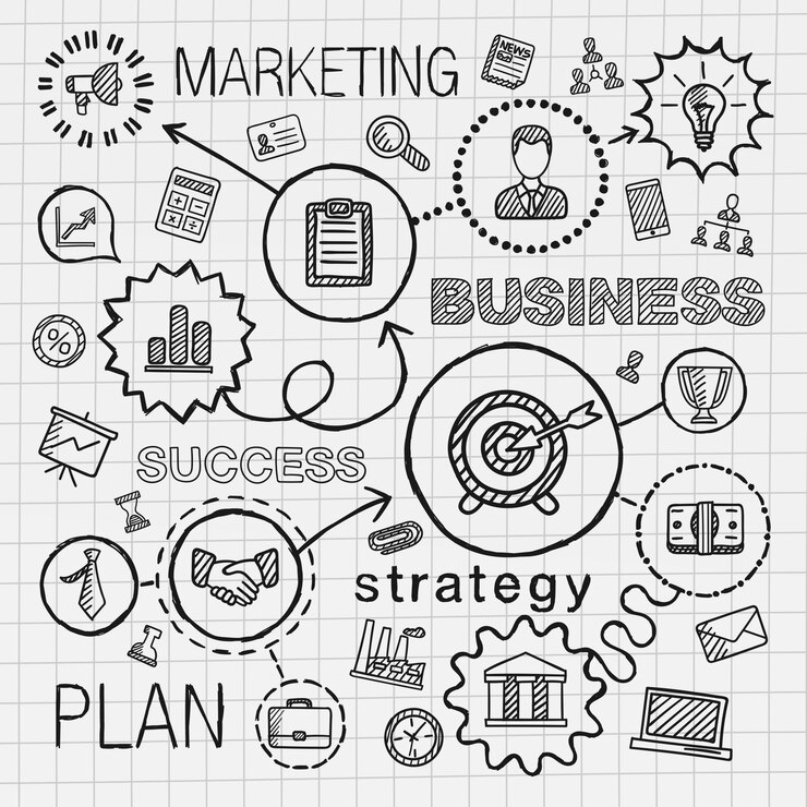 Vecteur business connecté main dessiner des icônes. esquisse infographie intégrée illustration de doodle pour la stratégie, le service, l'analyse, la recherche, le marketing numérique, les concepts interactifs. ensemble de pictogrammes de hachures.