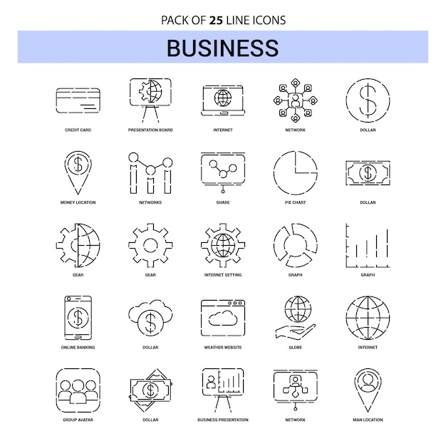 Business Line Icon Set - 25 Style De Contour En Pointillés