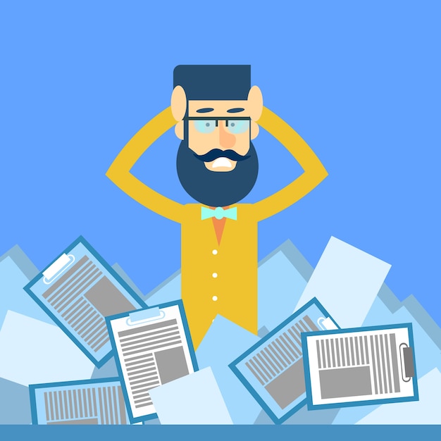 Business Man Hold Head Documents Concept Concept de problème de paperasserie