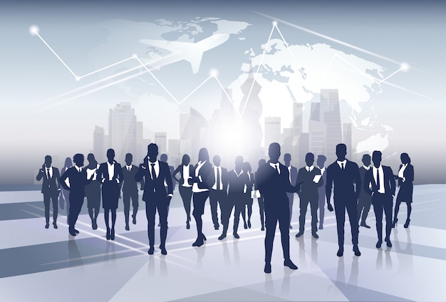 Business Team Silhouette groupe de gens d'affaires ressources humaines sur le concept de vol carte monde