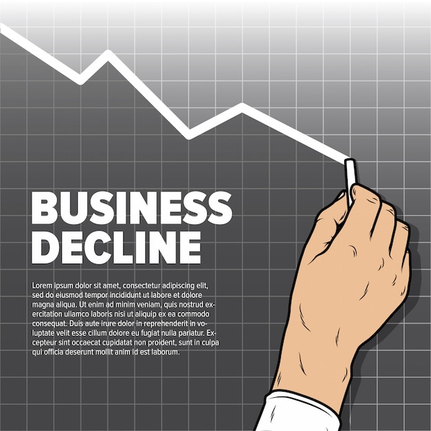 Vecteur businessmans main graphique de diminution de dessin. baisse des bénéfices et baisse des ventes