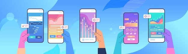 Businesspersons hands analyse des tableaux et des graphiques d'informations statistiques sur les écrans de smartphone processus d'analyse de données marketing numérique planification entreprise stratégie concept illustration vectorielle horizontale