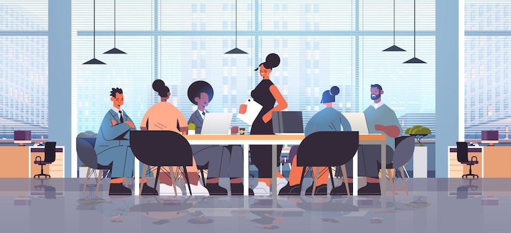 Vecteur businesswoman leader discuter avec mix race businesspeople group lors de la réunion de la conférence à la table ronde illustration de pleine longueur intérieure de bureau moderne