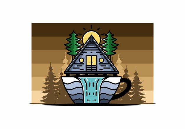 Cabane En Bois Et Pins En Forme De Tasse De Café Avec Illustration De Cascade