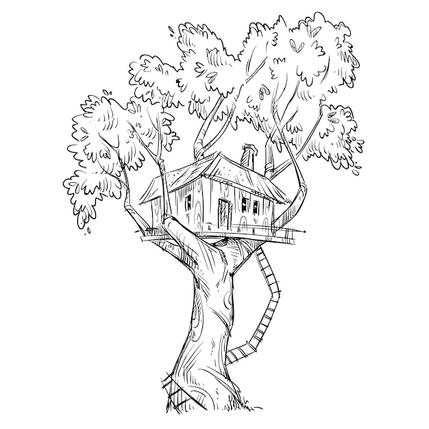 Vecteur cabane dans les arbres. illustration vectorielle de ligne dessinée à la main