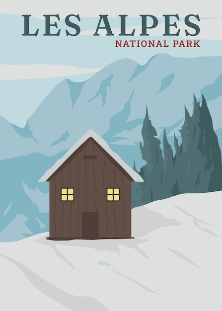 Vecteur cabane à neige dans les alpes affiche illustration vectorielle vintage design parc national en france