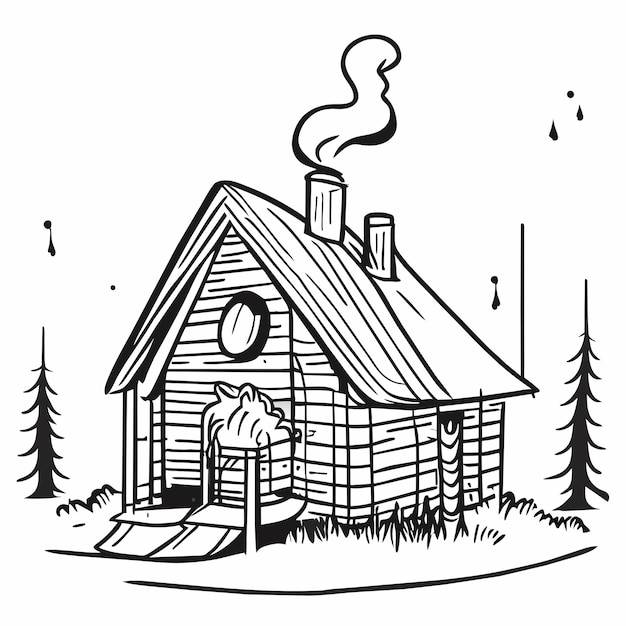 Vecteur cabane de neige de maison en bois en hiver dessin animé dessiné à la main autocollant icône concept illustration isolée