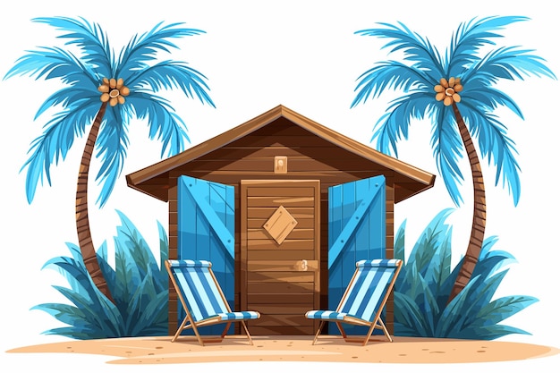 Vecteur la cabine bleue de la plage est en bois rayé avec des planches de surf paysage plat illustration d'art vectoriel