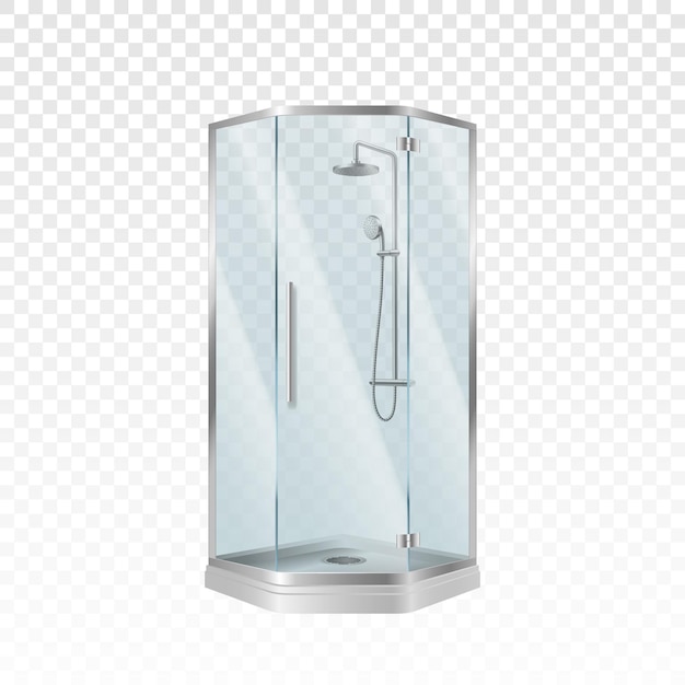 Vecteur cabine de douche d'angle 3d moderne avec porte coulissante en verre fermée élément de salle de bain de style réaliste