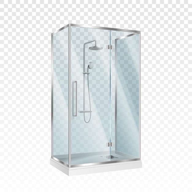 Vecteur cabine de douche en verre réaliste avec porte transparente et robinet de cabine boîte d'armoire moderne