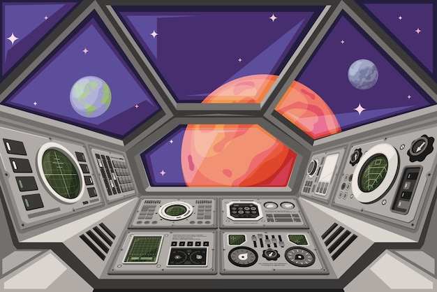 Vecteur cabine de vaisseau spatial interface futuriste de vaisseau spatial avec panneaux de tableau de bord utilisateur contrôlant les systèmes fond de dessin animé vecteur criard