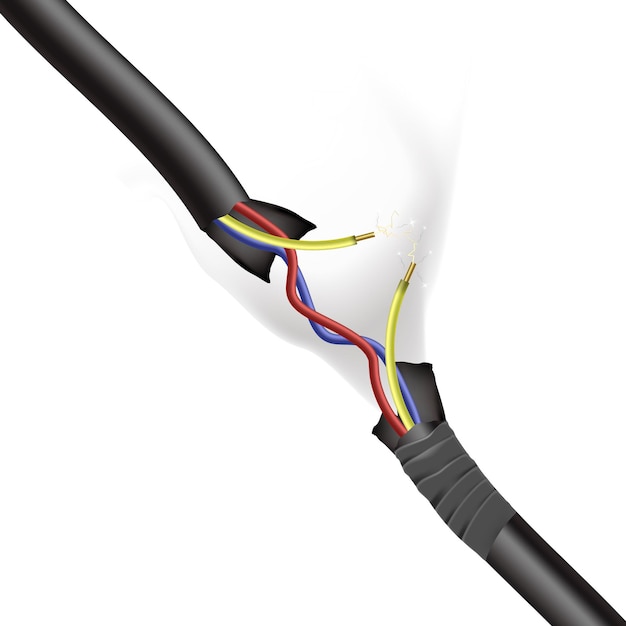 Câble Endommagé Réaliste Avec Des étincelles électriques Sur Illustration Vectorielle Fond Blanc