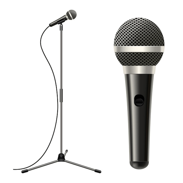 Vecteur câble de microphone de scène 3d détaillé et réaliste avec équipement de support pour performance, divertissement, studio, karaoké, chant ou concert, illustration vectorielle