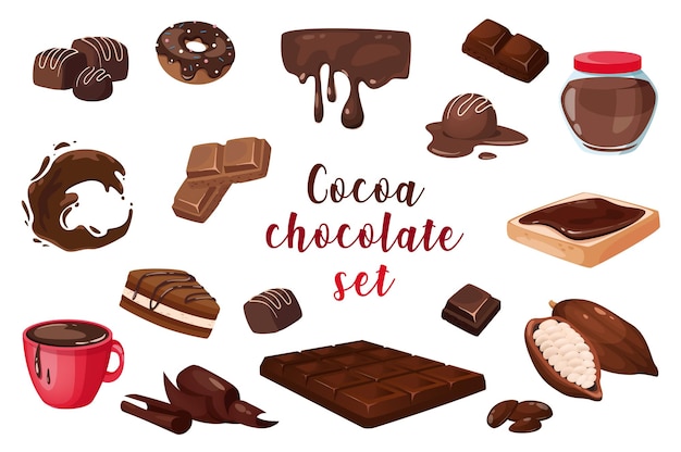 Cacao et chocolat en style cartoon définir des éléments isolés Illustration vectorielle
