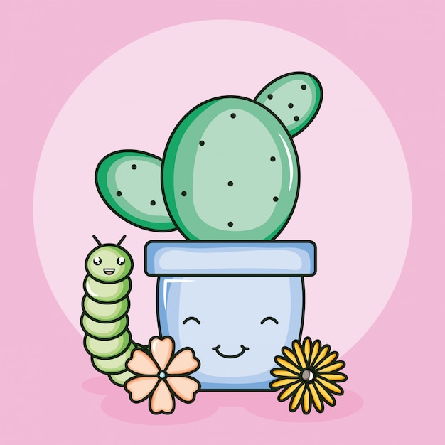 Cactu En Pot En Céramique Et Ver à La Façon Kawaii