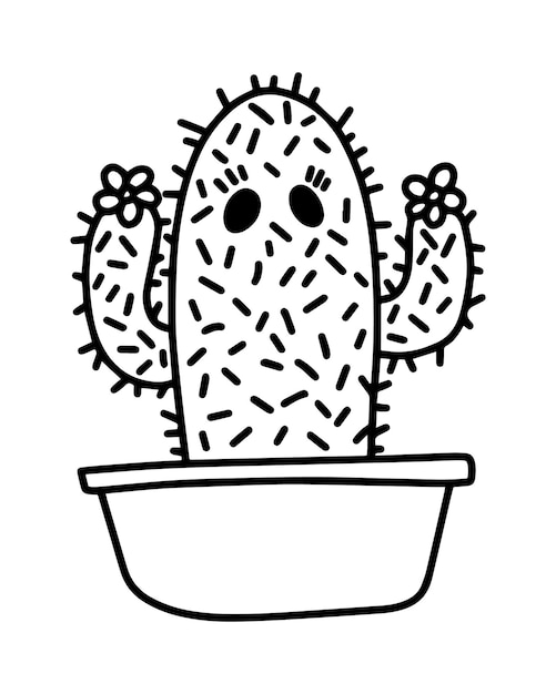 Cactus Avec Des Aiguilles Avec Des Yeux De Fleurs Dans Une Plante D'intérieur En Pot Pour Le Dessin Animé De Ligne De Doodle Intérieur