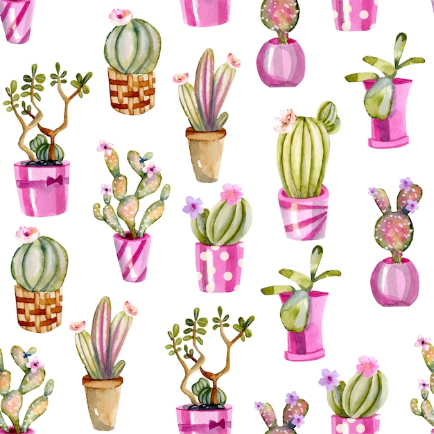 Cactus Aquarelles Dans Un Modèle Sans Couture De Pots Roses