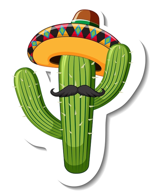 Vecteur cactus en autocollant de dessin animé de costume mexicain