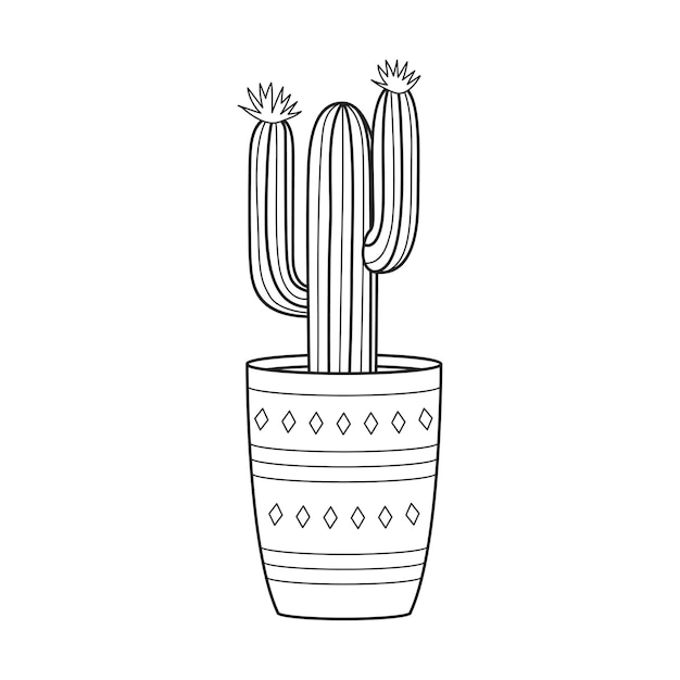 Cactus de contour vectoriel en pot Plante succulente d'intérieur avec des épines Cactus pour la maison et l'intérieur Botanique doodle illustration linéaire noir et blanc isolée sur fond blanc