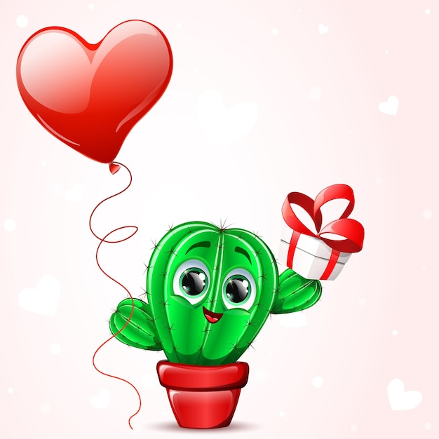 Cactus Dans Un Pot Avec Ballon Coeur Et Coffret Cadeau Tenant Un Coffret Cadeau