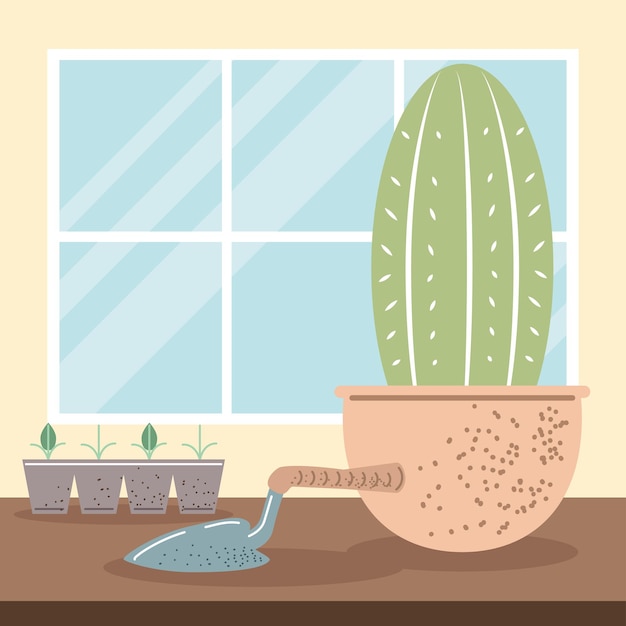 Cactus dans un pot et un outil