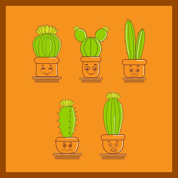 Cactus de dessin animé coloré et pots avec différentes émotions