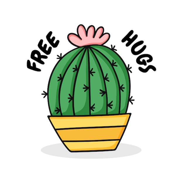 Cactus de dessin animé mignon en pot Phrase de câlins gratuits Illustration vectorielle isolée sur fond blanc