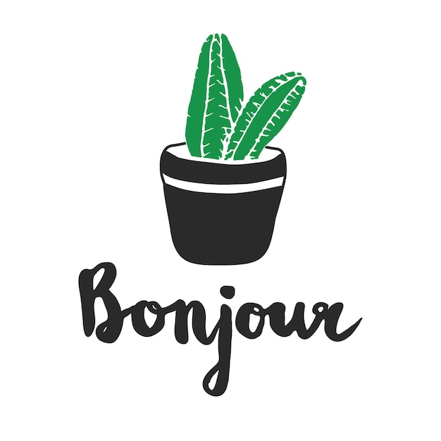 Cactus Dessinés à La Main Avec Des Citations Françaises Bonjour Bonjour étiquette En Style Gravure