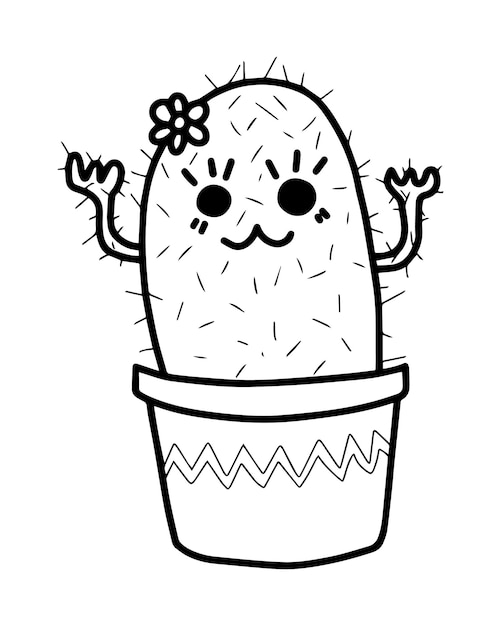 Cactus Avec Une Fleur Avec Des Aiguilles Yeux Bouche Et Mains Plante D'intérieur Pour Dessin Animé De Ligne De Doodle Intérieur