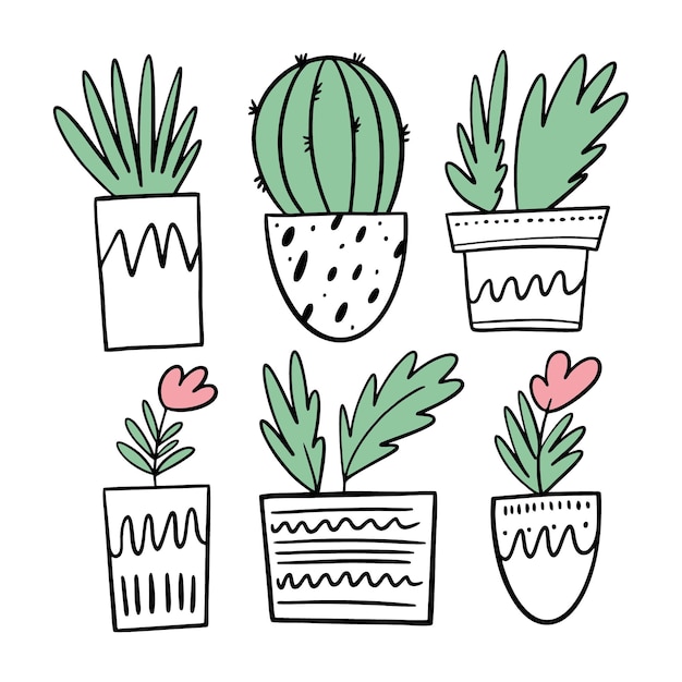 Cactus, Fleurs Et Autres Plantes En Pots Blancs. Définir Le Style De Bande Dessinée. Isolé.