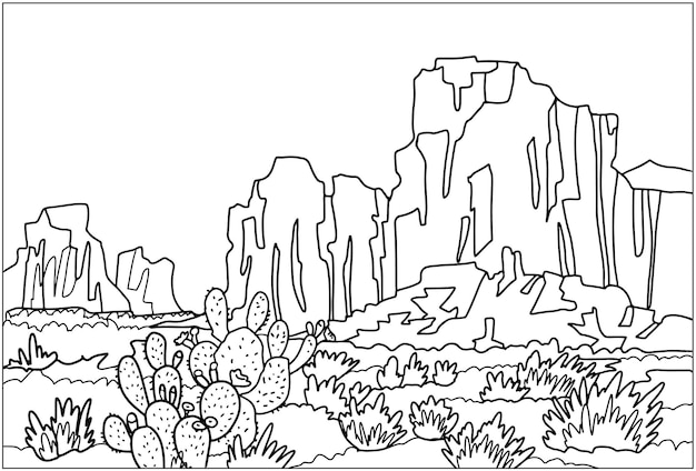 Cactus En Fleurs Dans Le Paysage Désertique De L'arizona Livre De Coloriage Antistress Pour Enfants Et Adultes