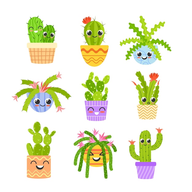 Vecteur cactus kawaii en pots mignons personnages de plantes de cactus pot de fleurs drôle avec des lunettes sourire heureux visage mexicain succulent doodle enfant enfant