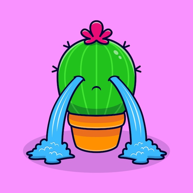 Cactus Mignon Qui Pleure. Dessin Animé Plat