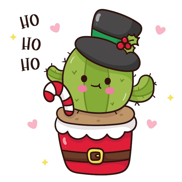 Vecteur cactus de noël avec des bonbons de noël personnage de dessin animé kawaii bonne année