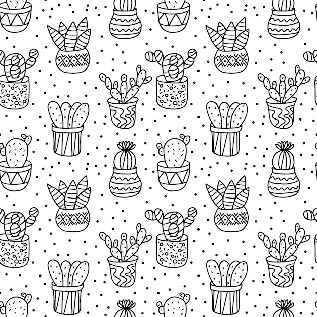 Cactus Et Plantes Grasses Dessinés à La Main Dans Un Modèle Sans Couture De Style Doodle Dessiné à La Main