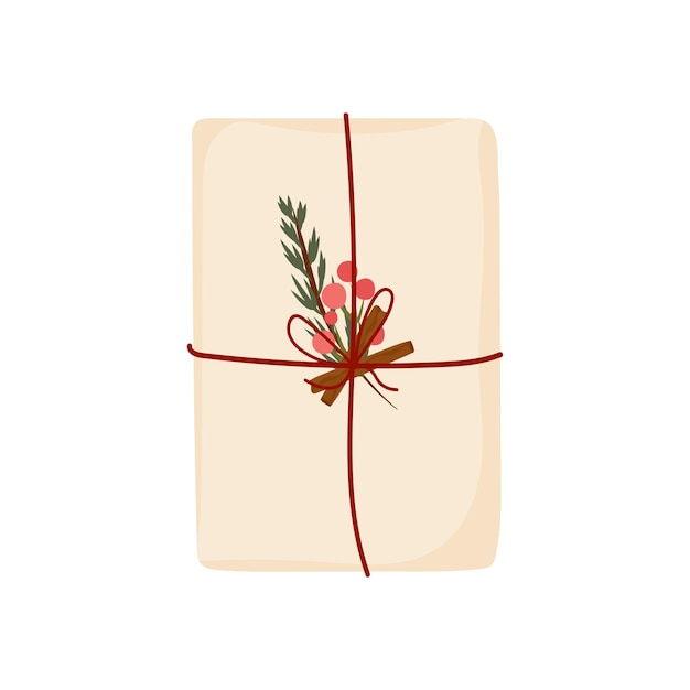 Vecteur cadeau de noël dans un emballage artisanal décoré avec des matériaux naturels baies de cannelle aiguilles de pin clipart mignon dans un style doodle illustration vectorielle dessinée à la main
