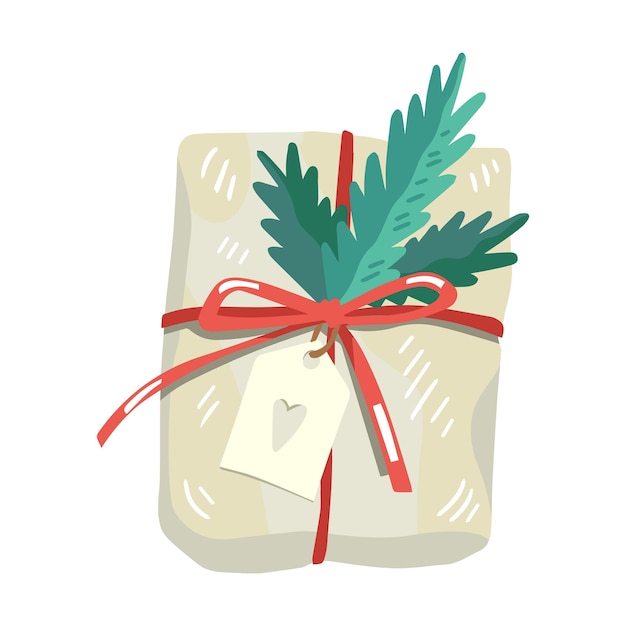 Cadeau De Noël Décoré De Rubans De Plantes Et De Papier D'emballage Recyclé