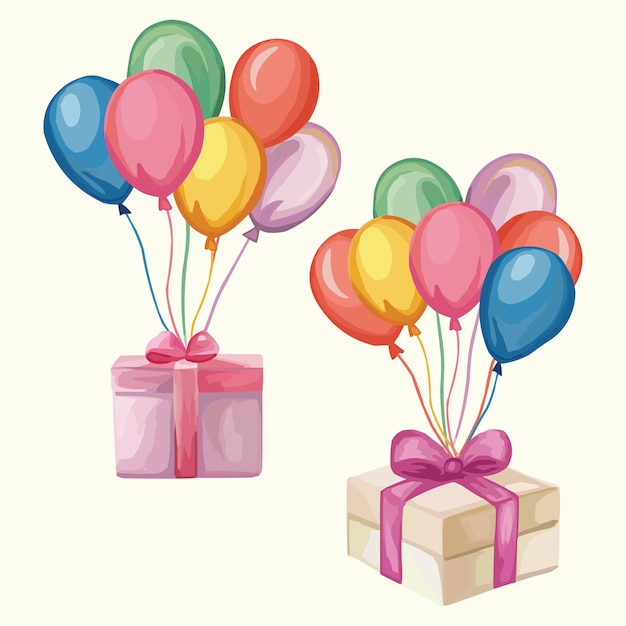 Cadeau suspendu à des ballons de couleurs pour la fête d'anniversaire carte de vœux
