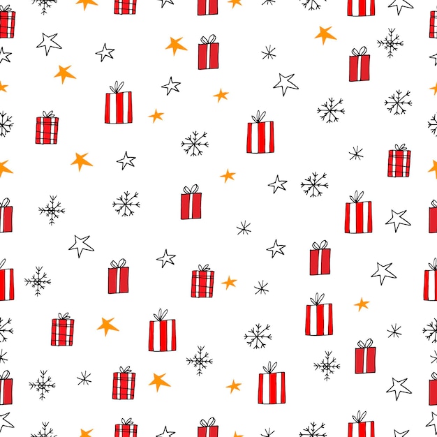 Cadeaux boîtes rouge vif flocons de neige et étoiles vector illustration modèle sans couture nouvel an Noël