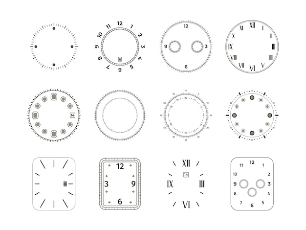 Cadran de l'horloge analogique Cadran de montre avec numéros de temps chronomètre chronomètre élégants cercles vintage éléments de montre-bracelet mécanique Ensemble vectoriel isolé