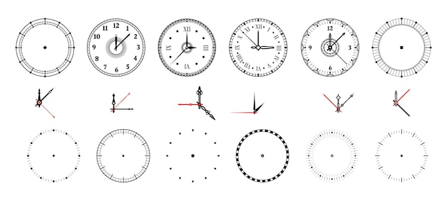 Cadran De L'horloge Cadran De Montre Vintage Et Moderne Avec Flèches Décoratives Et Minimales Chiffres Et Pointeurs Romains Ou Arabes Kit De Modèles De Conception De Chronomètres De Contour Ensemble De Montres Vectorielles