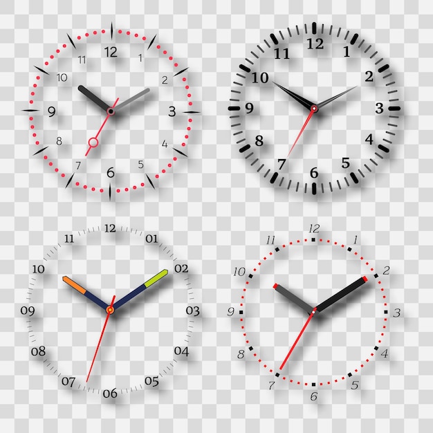 Cadran De La Montre Sur Fond Transparent Avec Une Ombre. Ensemble De Quatre éléments. Illustration Vectorielle