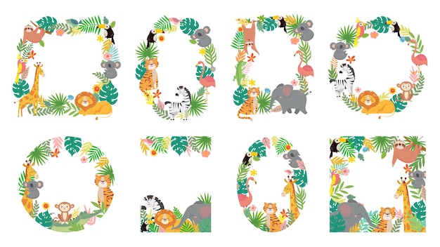 Cadre D'animaux De Dessin Animé. Animal De La Jungle Dans Les Feuilles Tropicales, Cadres Mignons Avec Jeu D'illustration Tigre, Lion, Girafe Et éléphant.