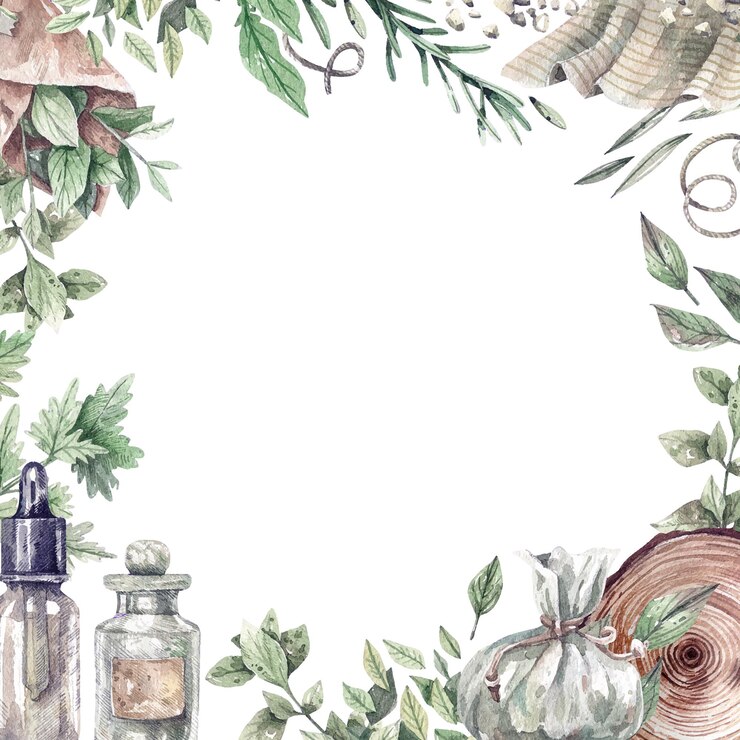 Cadre aquarelle avec bouteille de pharmacie et herbes saines biologiques. Herbes vertes et sèches pour l'aromathérapie, la médecine, les cosmétiques bio. Produit de soins de santé