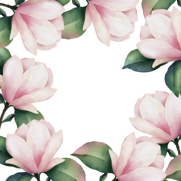 Vecteur cadre aquarelle dessiné à la main de fleurs de magnolia rose, illustration isolée sur fond blanc